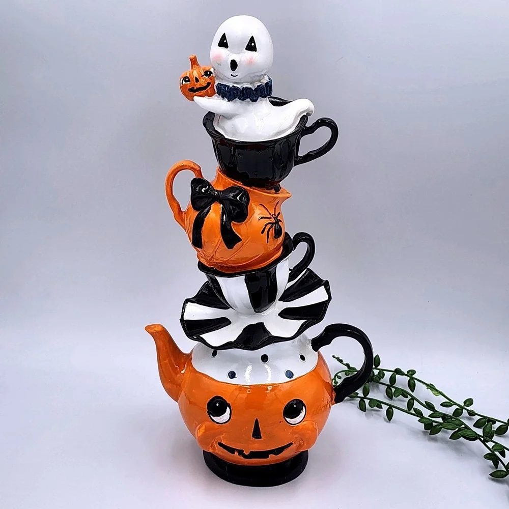 Halloween Stacked Ghost Pumpkin Teapot Teacup Figurine 12.5